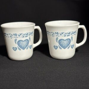 Corningware White Mugs with Blue Heart Design